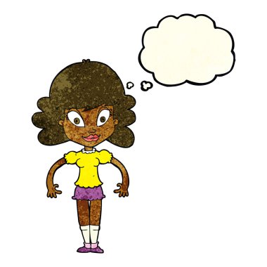 Düşünce baloncuğu olan güzel bir kadın.