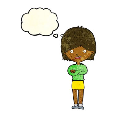 Düşünce baloncuğu olan mutlu çizgi film kadını