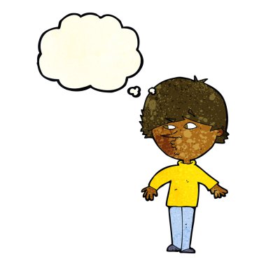 Düşünce baloncuğuyla omzunun üstünden bakan şüpheli bir adam.