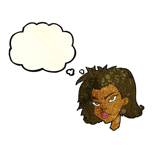 Desenho animado rosto feminino com bolha de pensamento — Vetor de Stock