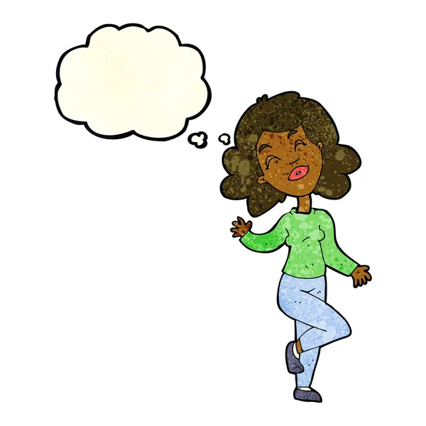 Cartone animato donna felice ballare con bolla di pensiero — Vettoriale Stock