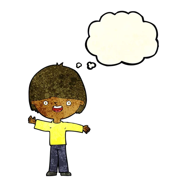 Мультяшний щасливий хлопчик з мисленням бульбашка — стоковий вектор