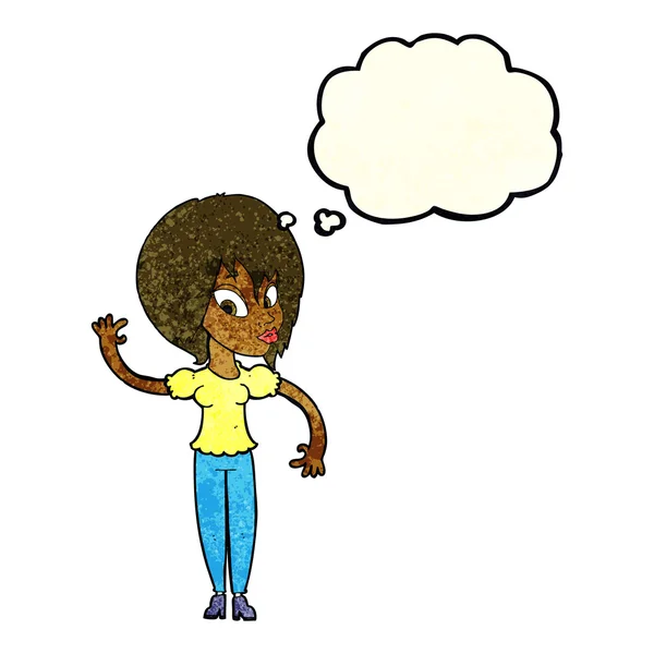 Femme dessin animé agitant avec bulle de pensée — Image vectorielle