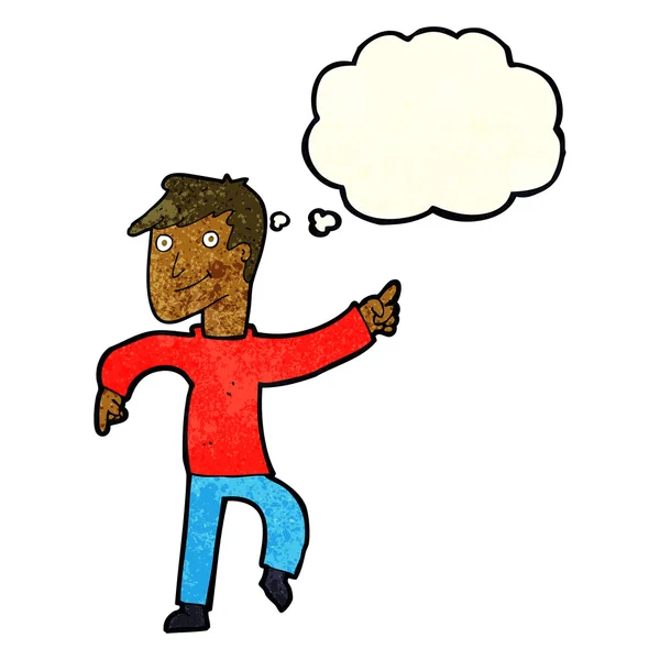 Dibujos animados hombre feliz señalando con burbuja de pensamiento — Vector de stock