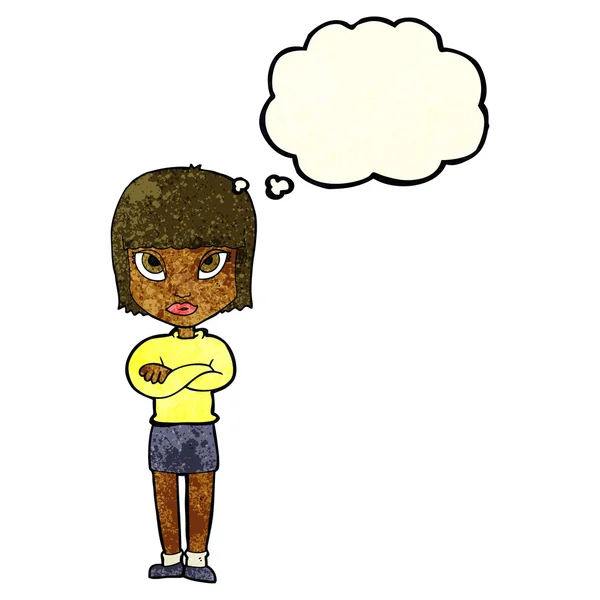Femme dessin animé avec les bras croisés avec bulle de pensée — Image vectorielle