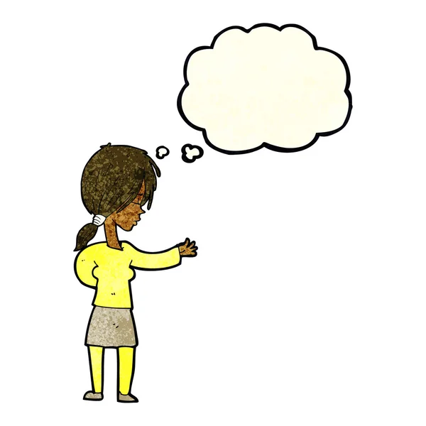 Femme dessin animé geste avec bulle de pensée — Image vectorielle