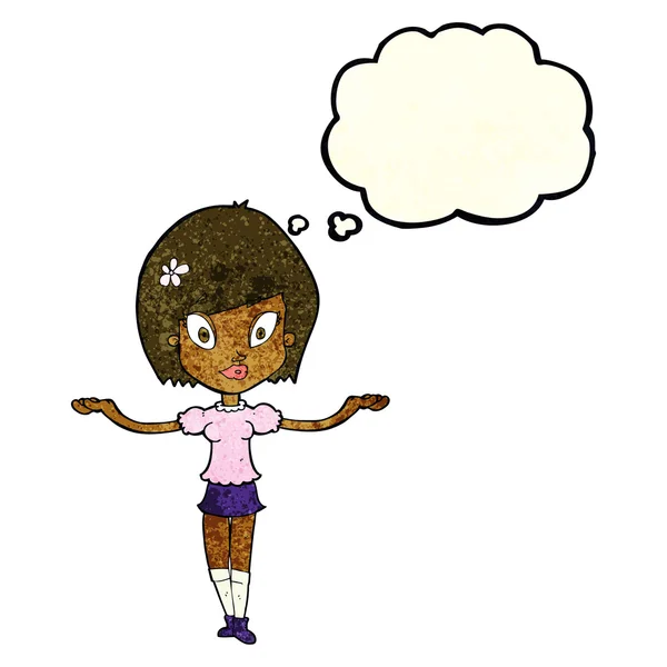 Femme dessin animé faire un geste d'équilibre avec bulle de pensée — Image vectorielle