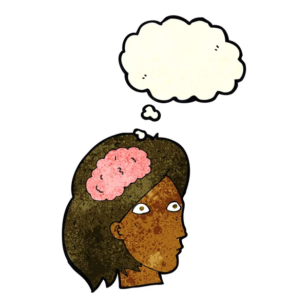 Desenho animado cabeça feminina com símbolo do cérebro com bolha de pensamento — Vetor de Stock