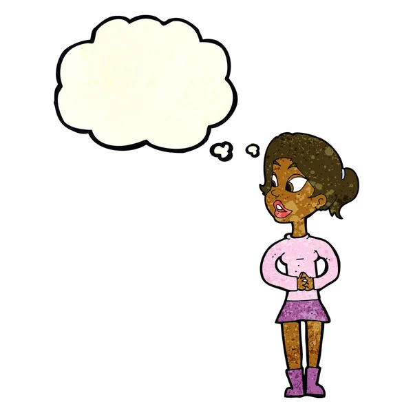 Chica de dibujos animados hablando con burbuja de pensamiento — Vector de stock