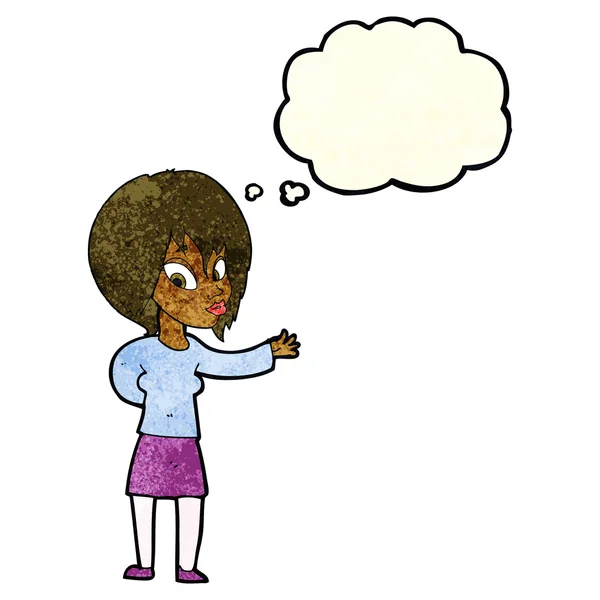 Femme dessin animé faisant geste de bienvenue avec bulle de pensée — Image vectorielle