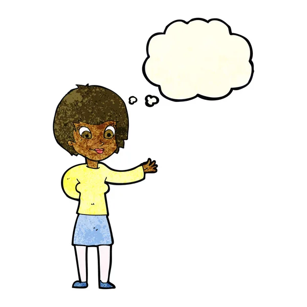 Dessin animé accueillant femme avec bulle de pensée — Image vectorielle