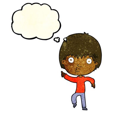 çizgi film etkilenmiş çocuk düşünce balonunu işaret ederek