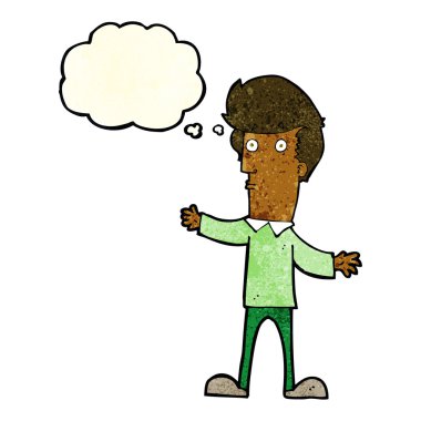 Düşünce baloncuğu olan ürkmüş bir adam.