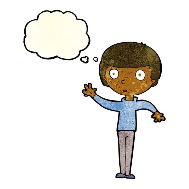 Düşünce kabarcığı olan çizgi film çocuğu.