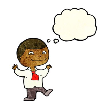 Düşünce baloncuğu olan mutlu çocuk.