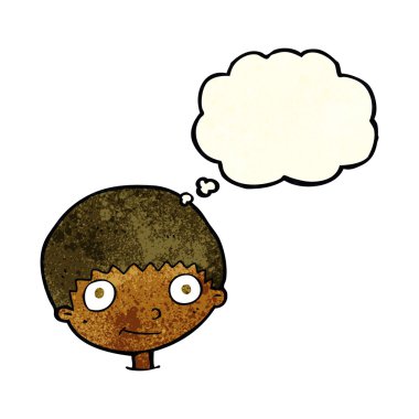 Düşünce baloncuğu olan mutlu çocuk.