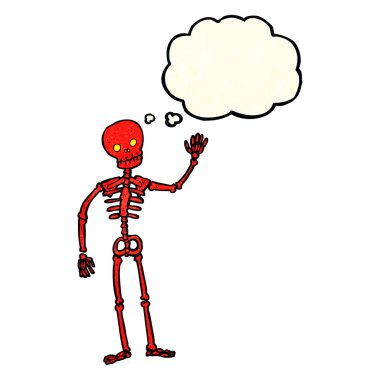 Düşünce baloncuğu ile iskeleti sallayan çizgi film