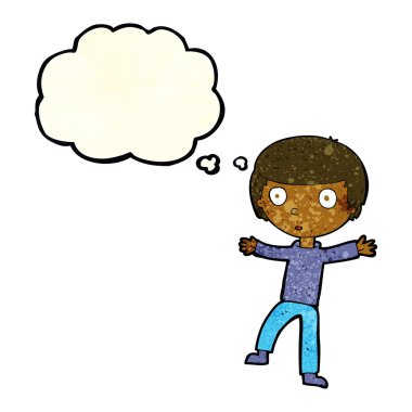 Düşünce baloncuğu olan ürkmüş bir çocuk.