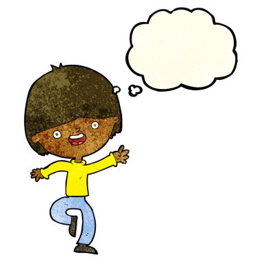 Düşünce baloncuğuyla dans eden mutlu çocuk.