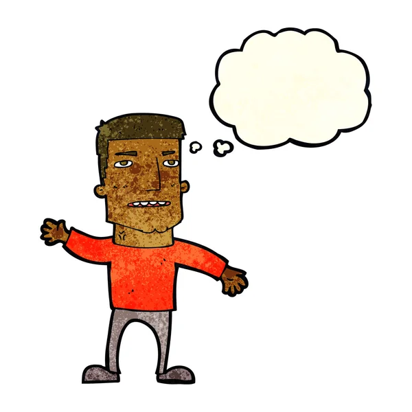 Karikatur winkt gestresstem Mann mit Gedankenblase — Stockvektor