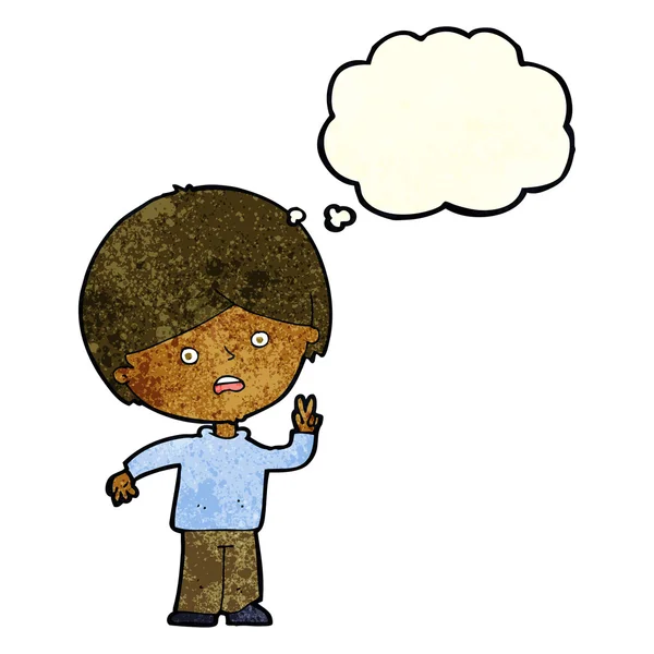 Cartone animato infelice ragazzo dando segno di pace con bolla di pensiero — Vettoriale Stock