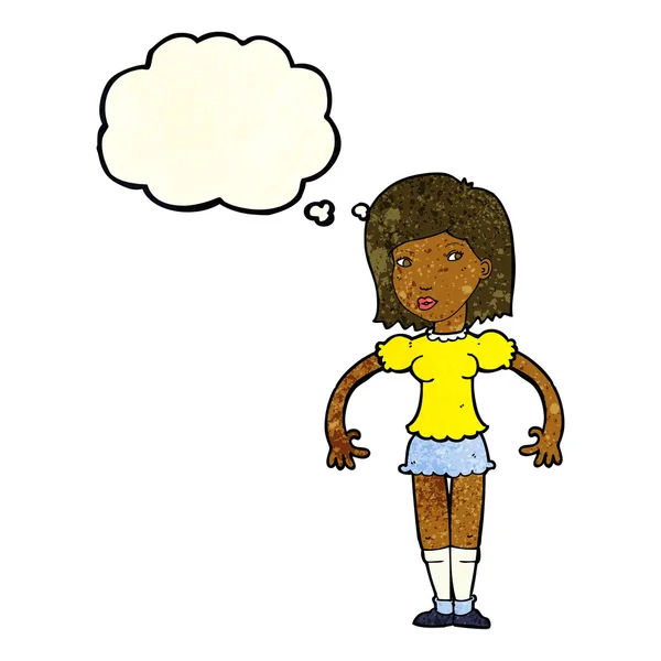 Donna cartone animato guardando lateralmente con bolla di pensiero — Vettoriale Stock