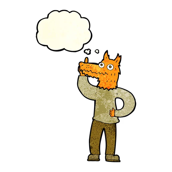 Cartoon fox man met idee met gedachte bubble — Stockvector