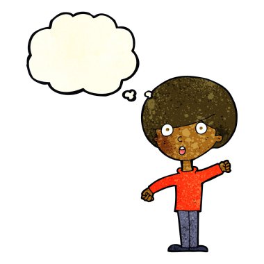 Düşünce baloncuğuyla şok olan çocuk.