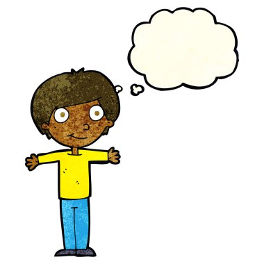 Düşünce baloncuğuyla kollarını açmış mutlu çocuk çizgi filmi.