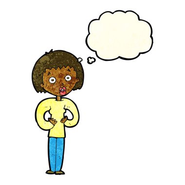 Düşünce baloncuğuyla kendine hareket eden çizgi filmci kadın.