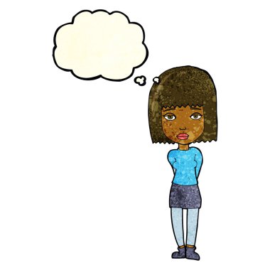 Düşünce baloncuğu olan ciddi bir kız.