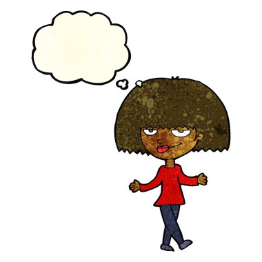 Düşünce baloncuğu olan kendini beğenmiş bir kadın.