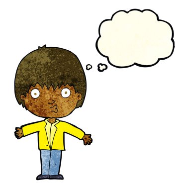 Düşünce baloncuğu olan bir çocuk.