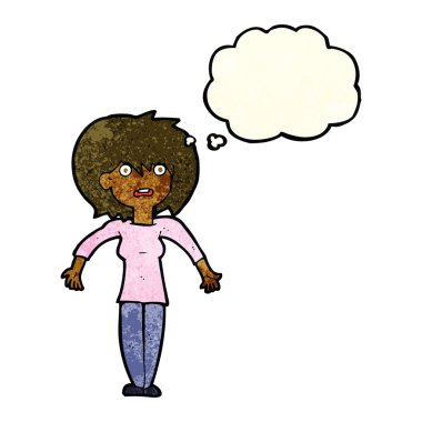 Çizgi filmdeki kadın düşünce balonuyla omuz silkiyor.