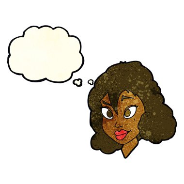 Düşünce baloncuğu olan güzel bir kadın.