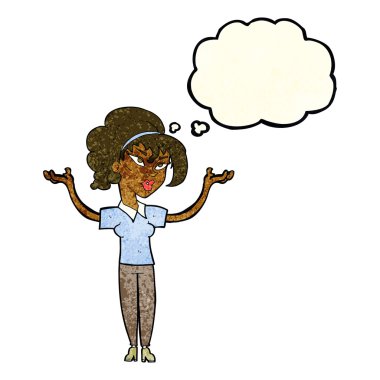 düşünce balonu ile havada eller yükselterek çizgi film kadın