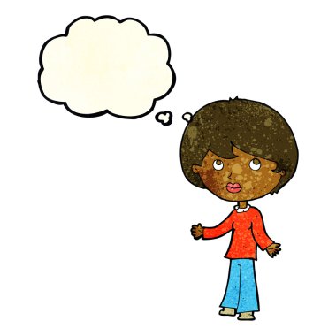 Düşünce baloncuğuyla düşünen çizgi film kadını.