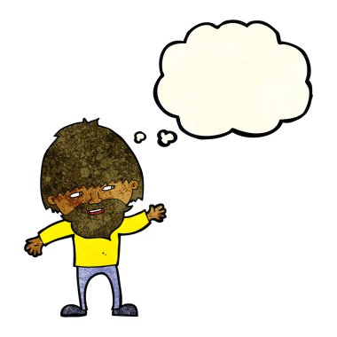 Çizgi film mutlu sakallı adam düşünce balonuyla el sallıyor.