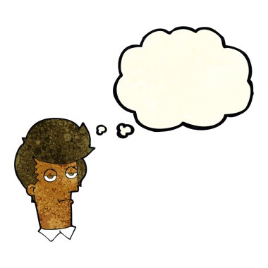 Düşünce baloncuğu olan sıkılmış bir adam.