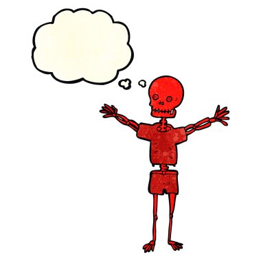 Düşünce baloncuklu kıyafet içinde bir karikatür iskeleti