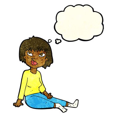 düşünce balonu ile katta oturan çizgi film kadın