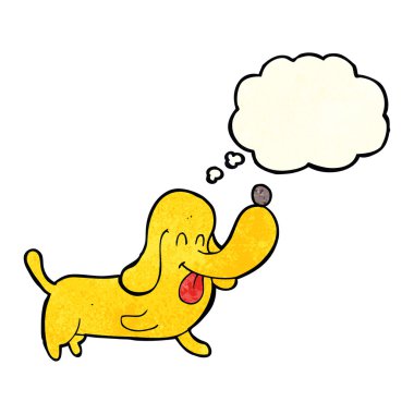 Düşünce baloncuklu mutlu bir köpek.