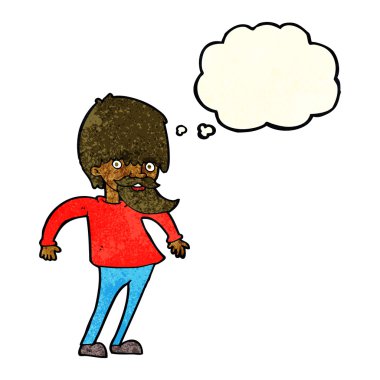 Çizgi film sakallı adam düşünce baloncuğuyla omuz silkiyor.