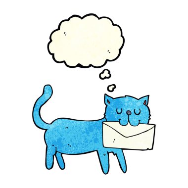 Düşünce baloncuklu mektup taşıyan çizgi film kedisi.