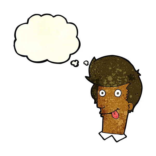 Hombre de dibujos animados con la lengua colgando con burbuja de pensamiento — Vector de stock