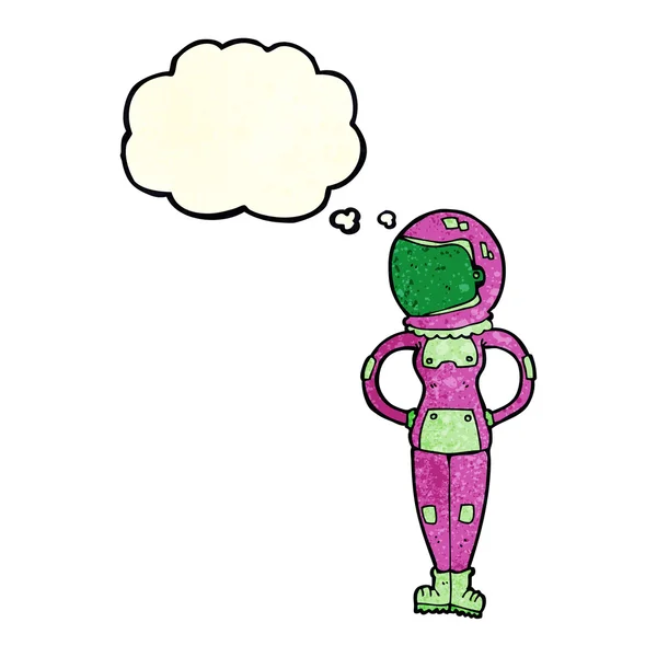 Desenho animado astronauta feminino com bolha de pensamento — Vetor de Stock