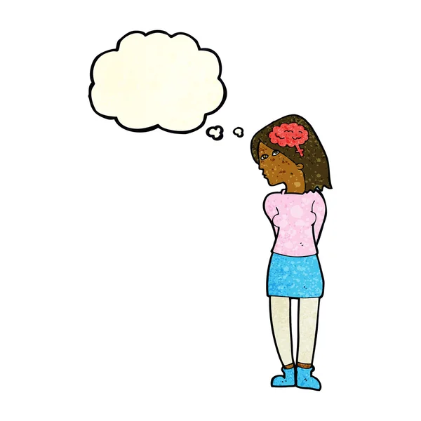 Cartone animato donna intelligente con bolla di pensiero — Vettoriale Stock