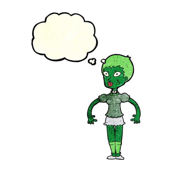 Tecknad zombie monster kvinna med tanke bubbla — Stock vektor