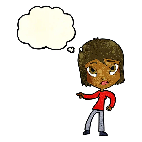 Dessin animé pointant femme avec bulle de pensée — Image vectorielle