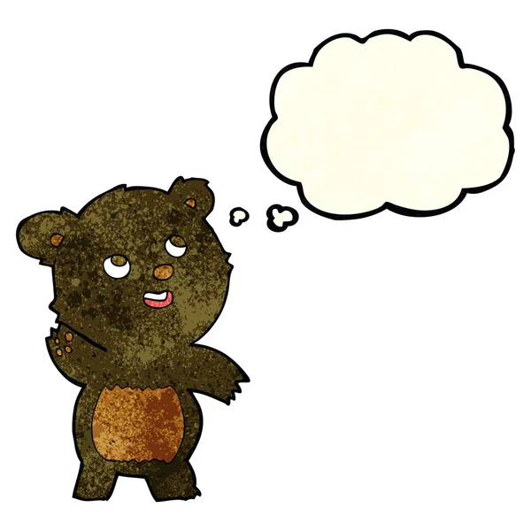 Dessin animé mignon agitant ours noir en peluche avec bulle de pensée — Image vectorielle